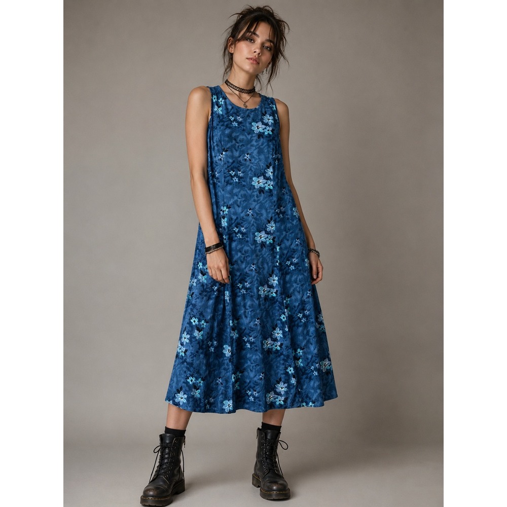 Lisa Jo Blue Floral Midi Dress Vintage 90s Grunge Boho Indigo Rayon Size 15/16